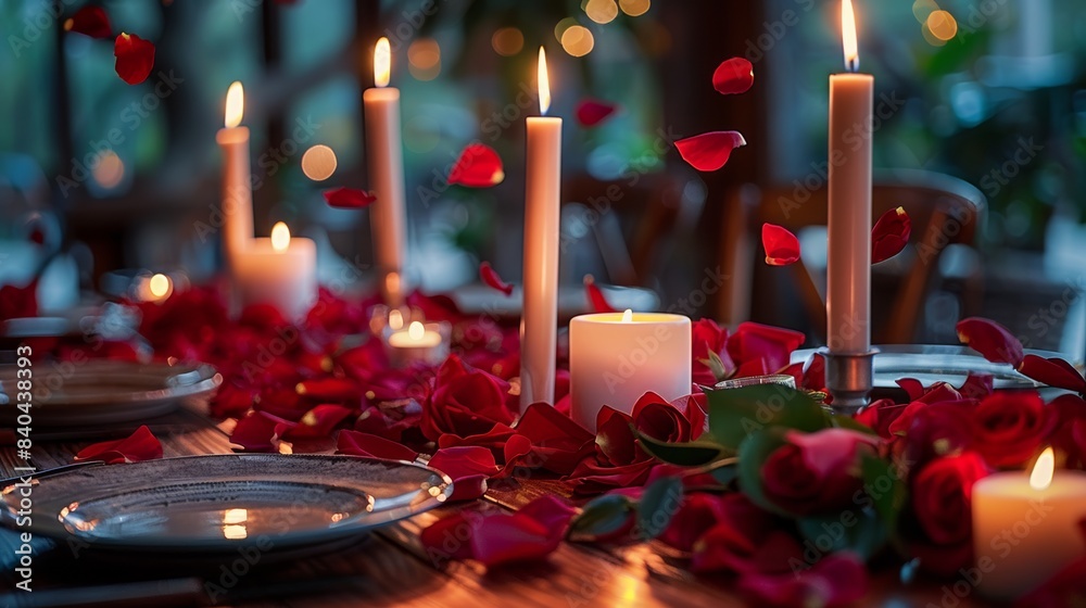 Wall mural beautiful table with candles and rose petals falling, romantic, love, Valentines,  christmas 