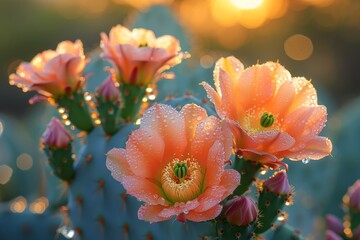 capturing a close-up of a Texas prickly, pear, cactus with blossoms with water droplets on its pedals to the right of the frame