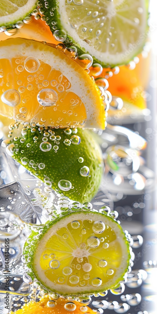 Wall mural a closeup of ice water with lemon and lime slices, creating an abstract background for product displ