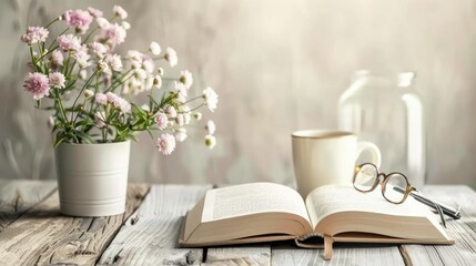 Cozy reading setup with an open book, cup, and glasses on a rustic wooden table, accompanied by a potted flower arrangement, creating a serene ambiance.