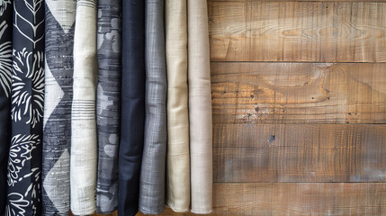 Modern Fabric Designs Against a Rustic Wood Backdrop  