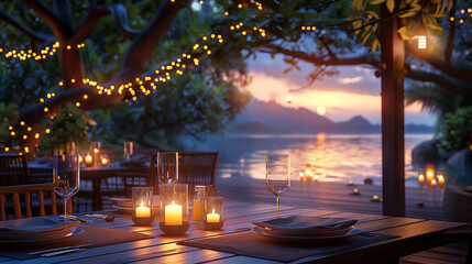  a beautiful evening candle light dinner setup in thailand,  warm light, luxury 