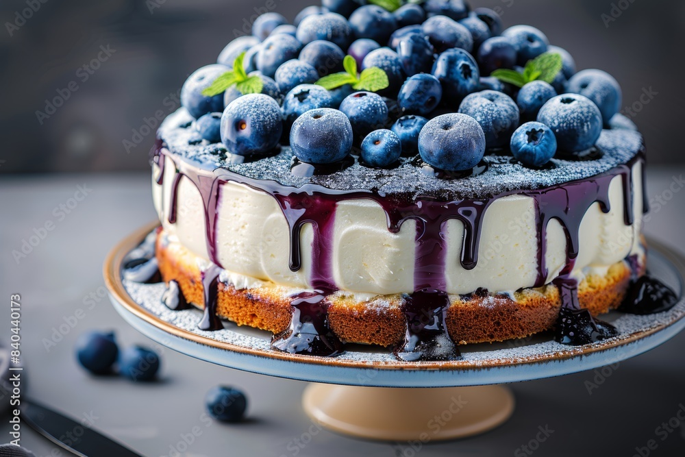 Wall mural Blueberry cake with blueberries on top of a white cake on a gray background