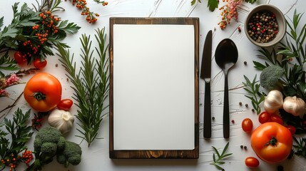  A blank restaurant menu on white background, great for showcasing menu design; full shot; a minimum of objects; in a minimalist style 