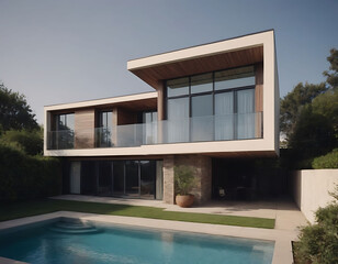 Fototapeta premium Photo of a modern house seen from the front, with a minimalist and elegant look