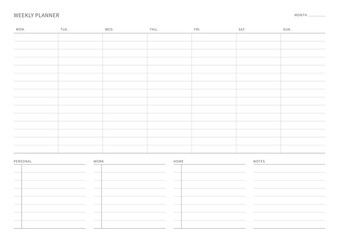 A weekly plan design template in a modern, simple, and minimalist style. Note, scheduler, diary, calendar, planner document template illustration.