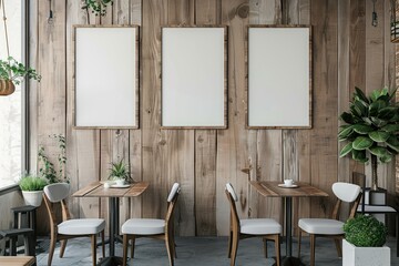 Interior of a modern cafe with blank posters on the wall, wooden design elements, and minimalist furniture, concept of interior design