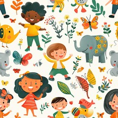 A diverse group of children proudly holding up their drawings of various animals, ranging from elephants to butterflies, with big smiles on their faces. Minimal pattern banner wallpaper, simple