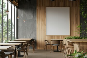 Interior of a modern cafe with blank posters on the wall, wooden design elements, and minimalist furniture, concept of interior design