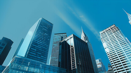 cinematic, office building with reflective window, blue clear sky , tall building, varied building