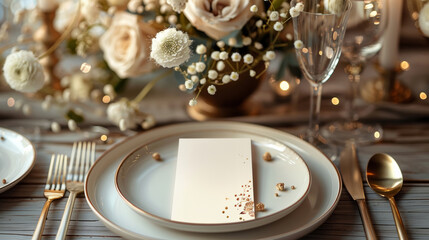  top view a flat lay of a wedding menu on two stacked plates on a table setting, simple and elegant design