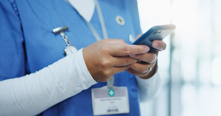 Healthcare, hands and nurse with mobile for research app, network and telehealth service with...