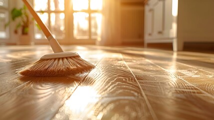 A broom sweeping the floor, shown in closeup of an elegant wooden surface with sunlight shining through the window.