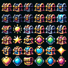 A collection of RPG game icons featuring pixel art magic treasure chests