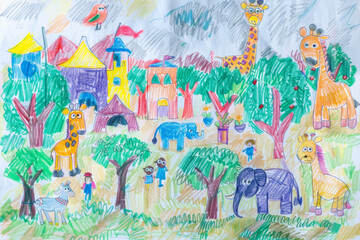 Naklejka premium A children's crayon drawing featuring Colorful Zoo Adventure