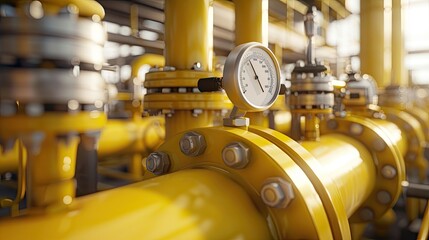 Yellow pipes and gauges stand out in an industrial gas plant, showcasing the intricate details and machinery at work.