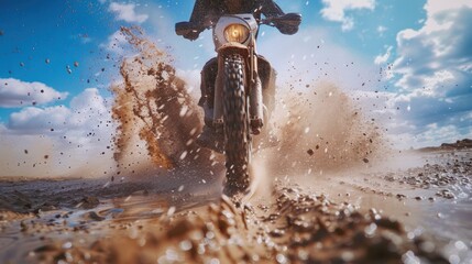 A biker riding a dirt bike in slow motion. A sandstorm.