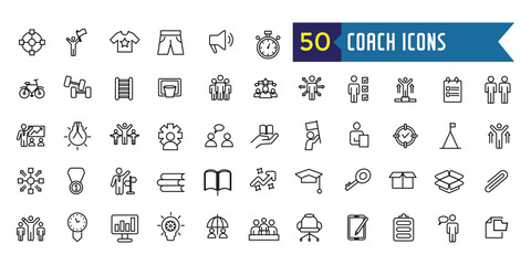 Coach icons set. Outline set of coach vector icons for ui design. Outline icon collection. Editable stroke.