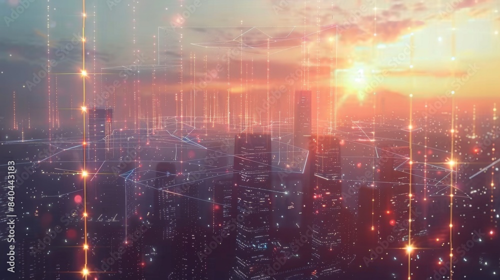 Poster Imaginative visual of smart digital city with globalization abstract graphic showing connection network . Concept of future 5G smart wireless digital city and social media networking systems .