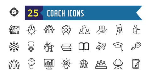 Coach icons set. Outline set of coach vector icons for ui design. Outline icon collection. Editable stroke.
