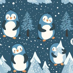 Fototapeta premium A girl drawing a pair of cute penguins, with a snowy landscape in the background. Minimal pattern banner wallpaper, simple background, Seamless,