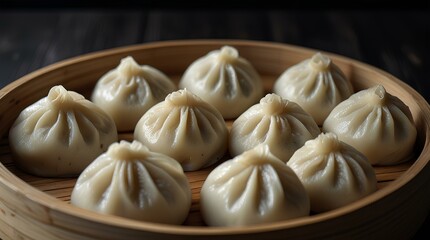 Fototapeta premium Steamed baozi dumplings in round bamboo steamers on a dark table, close up.