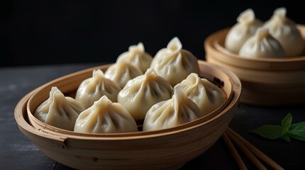 Steamed baozi dumplings in round bamboo steamers on a dark table, close up.