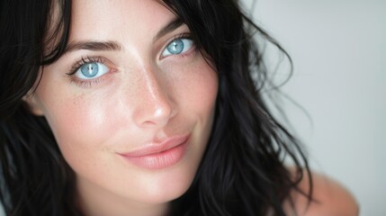 Obraz premium A woman with blue eyes and a black top posing for the camera, AI