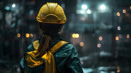 Obraz premium A female worker wearing a yellow helmet and overalls stands in front of the scene, with dark background lights illuminating her face.