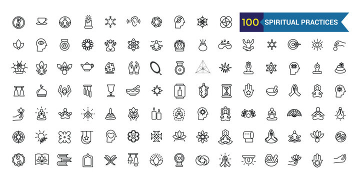 Spiritual practices icons set. Outline set of spiritual practices vector icons for ui design. Outline icon collection. Editable stroke.
