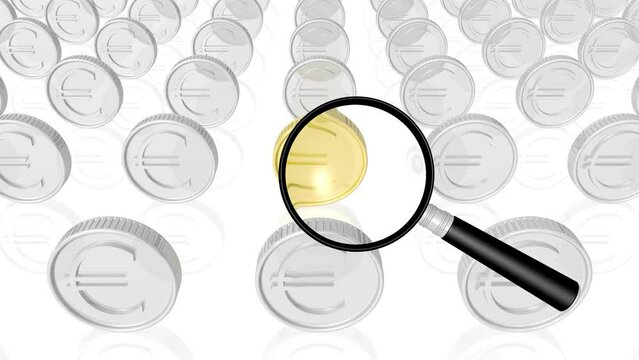 Finanzanalyse, mit einer Lupe wird eine goldene M&uuml;nze untersucht