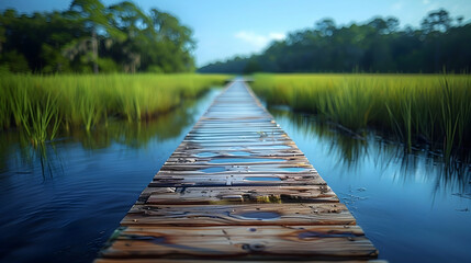 A vibrant nature freshwater marsh landscape with a wooden boardwalk extending over the water