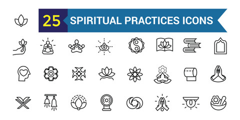 Spiritual practices icons set. Outline set of spiritual practices vector icons for ui design. Outline icon collection. Editable stroke.