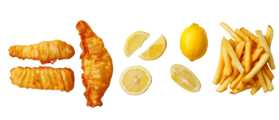 Set/collect crispy fish and chips with lemon slices on white background, design elements, top view/flat lay.