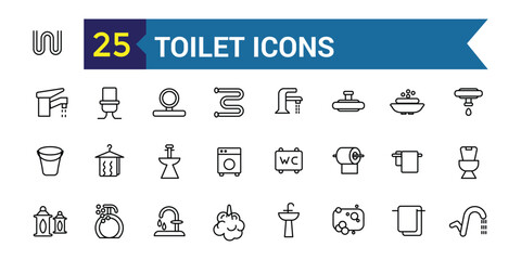 Toilet icons set. Outline set of toilet vector icons for ui design. Outline icon collection. Editable stroke.