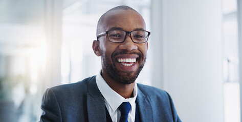 Corporate, portrait and black man with confidence in office for legal advice, professional and...