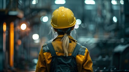Fototapeta premium A female worker wearing a yellow helmet and overalls stands in front of the scene, with dark background lights illuminating her face.