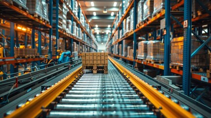 Fototapeta premium Warehouse with automated sorting systems and robots, illustrating advanced logistics in the industrial sector.