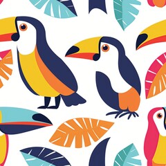A child drawing a colorful toucan, with a large, bright beak and vibrant feathers. Minimal pattern banner wallpaper, simple background, Seamless,