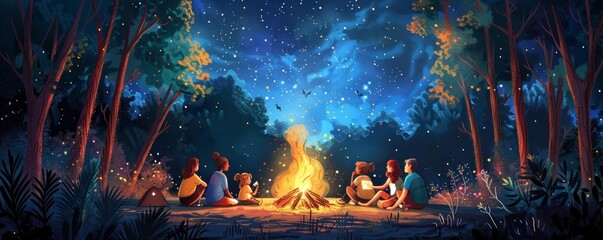 A group of friends around a campfire, sharing ghost stories, eerie woods, starry night sky, illustration