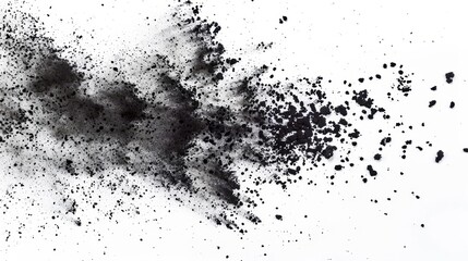 Black powder scattered across a white surface, creating a stark visual contrast. The varying sizes and textures of the particles add depth and interest to the abstract composition.	