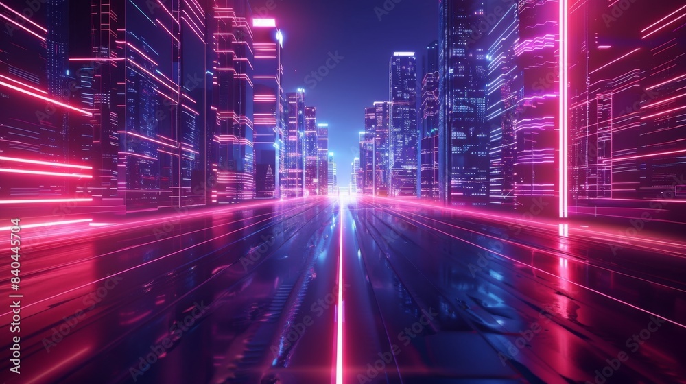 Poster light trial effect way with dark neon building technology background. cyberpunk concept. 3d illustra