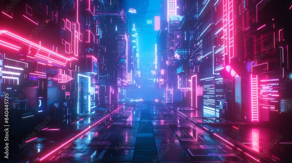 Leinwandbilder Light Trial effect way with dark neon building technology background. Cyberpunk concept. 3D Illustration rendering.