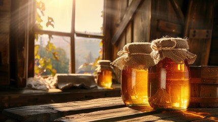 An array of honey jars, each unique in size and shape, some wrapped in rustic burlap while others remain bare, neatly arranged on a wooden table against a rich, dark wood backdrop.