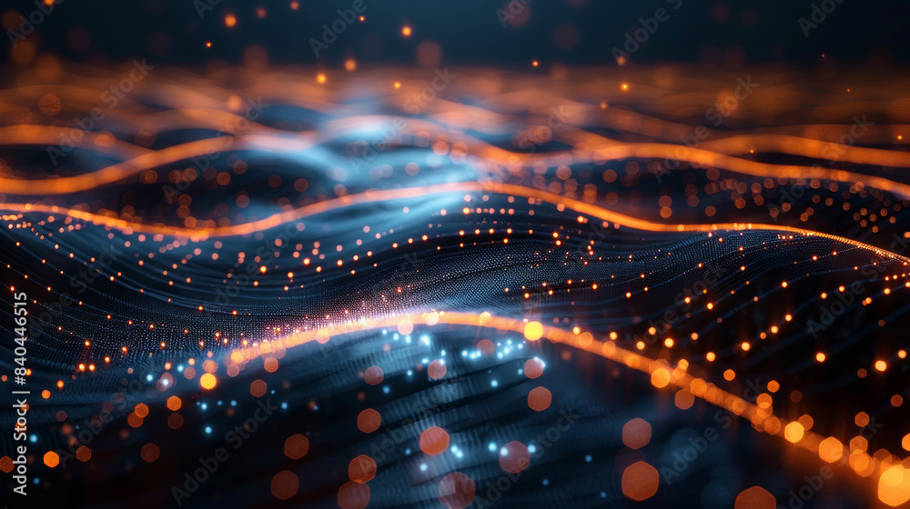 Poster abstract futuristic landscape with glowing points and undulating lines, representing data and techno