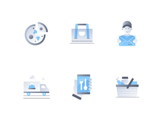 Delivery and ordering food - flat design style icons set. High quality colorful images of pizza, refrigerator bag, courier with mail, truck, restaurant application, menu, grocery cart with goods