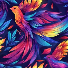 Obraz premium A girl drawing a vibrant, rainbow-colored bird with detailed feathers and a long tail. Minimal pattern banner wallpaper, simple background, Seamless,