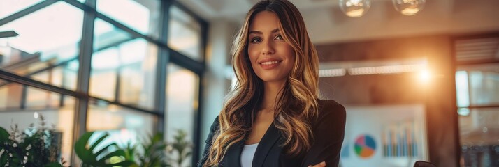 Confident businesswoman presenting project in modern boardroom with graph display