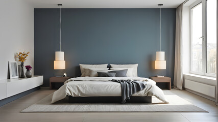 Colorful minimalist modern stylish bedroom. Generative AI