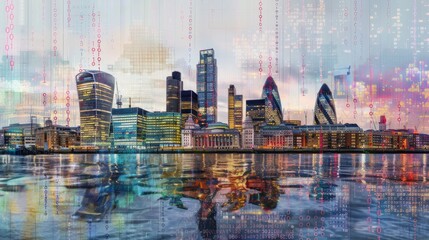 london city skyline with data and computer programming information mapped onto the building facades